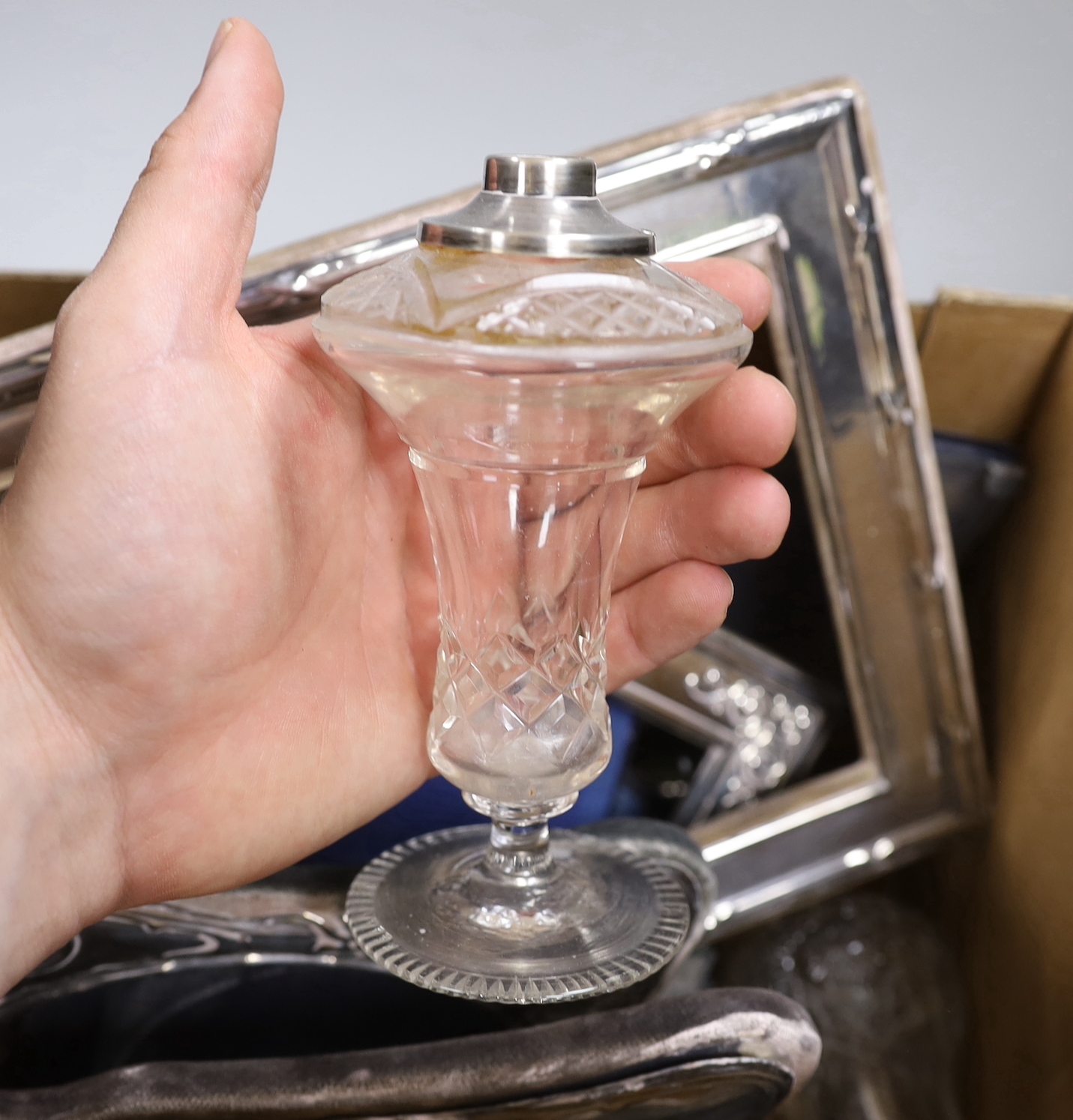 Eight assorted modern silver mounted photograph frames, including a pair, largest 25.6cm and three mounted glass scent bottles.